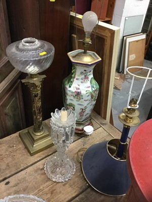 Lot 37 - Chinese porcelain table lamp, together with an oil lamp, other lamps and a torchere