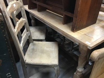 Lot 922 - Victorian -style pine kitchen table on turned supports joined by stretcher and four rustic kitchen chairs