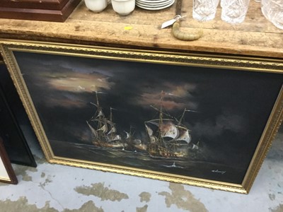 Lot 40 - Group of decorative pictures and prints to include an oil of a Naval Battle (qty)