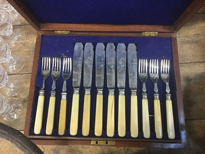Lot 67 - Set of six silver handled tea knives in fitted case, set of twelve Edwardian silver plated fish knives and forks in fitted case and five fruit knives and forks