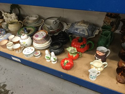 Lot 83 - Group of 19th century and later ceramics to include copper lustre jugs, blue and white transfer printed entree dish and other decorative ceramics