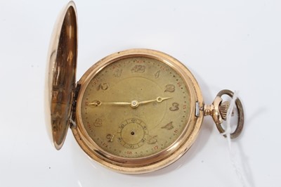 Lot 161 - 1930's Gentleman's 14ct Gold Full hunter pocket watch with gilt Arabic numerial dial with subsidiary seconds, front and rear covers with engine turned sun burst design, marved 585, 14k, including o...
