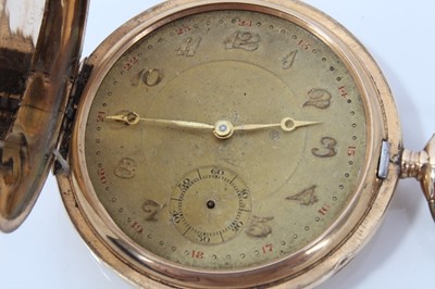 Lot 161 - 1930's Gentleman's 14ct Gold Full hunter pocket watch with gilt Arabic numerial dial with subsidiary seconds, front and rear covers with engine turned sun burst design, marved 585, 14k, including o...