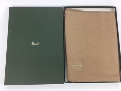 Lot 1763 - Harrods cashmere camel scarf woth embroidered Harrods logo, as new, in original box