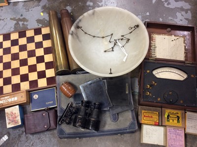 Lot 437 - Millivolts gauge in wooden case, pair binoculars, opera glasses, two WWII shell cases, alabaster ceiling light, glass picture slides and sundries