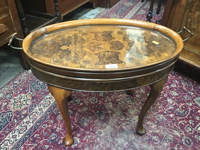 Lot 949 - Good quality 1930s burr walnut oval glazed tray on table stand on cabriole legs