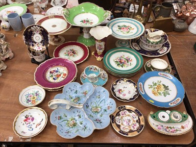 Lot 494 - Collection of mostly 19th century English floral-decorated porcelain, including cups and saucers, plates, tazza, vase, inkwell, etc