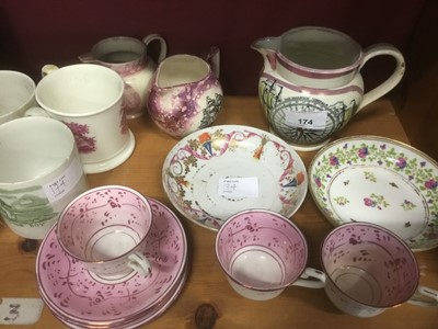 Lot 174 - 19th century Sunderland lustre jug, saltglaze harvest jug, other decorative 19th century ceramics