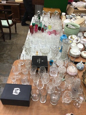 Lot 488 - Large collection of antique and later glassware, including cut glass, decanters, coloured glass, etc