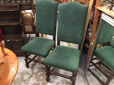 Lot 964 - Pair Oak Carolean revival high back chair with green heraldic upholstery