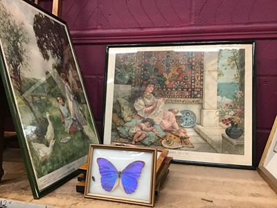 Lot 537 - Coloured prints "Making Friends" and "The Sunny South" plus other pictures and mounted butterfly