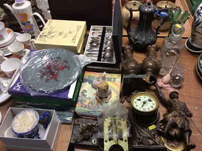 Lot 449 - Parts of spelter mantle clock and garnitures, boxed cutlery, collectors plates and sundries