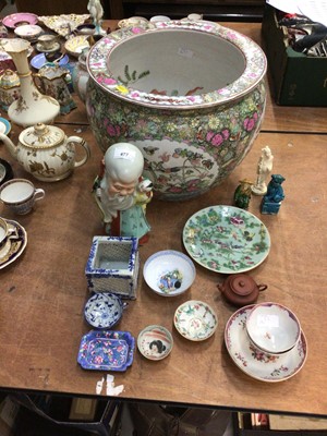 Lot 477 - Oriental items, including a Canton fish bowl, figure of Shou Lao, 18th century famille rose tea bowls and saucers, etc