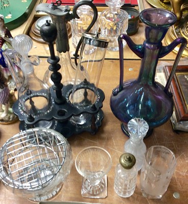 Lot 451 - Purple iridescent two handled glass vase, other 19th and later glassware, black lacquered bottle holder, Japanese inlaid metal dish and a plated dish