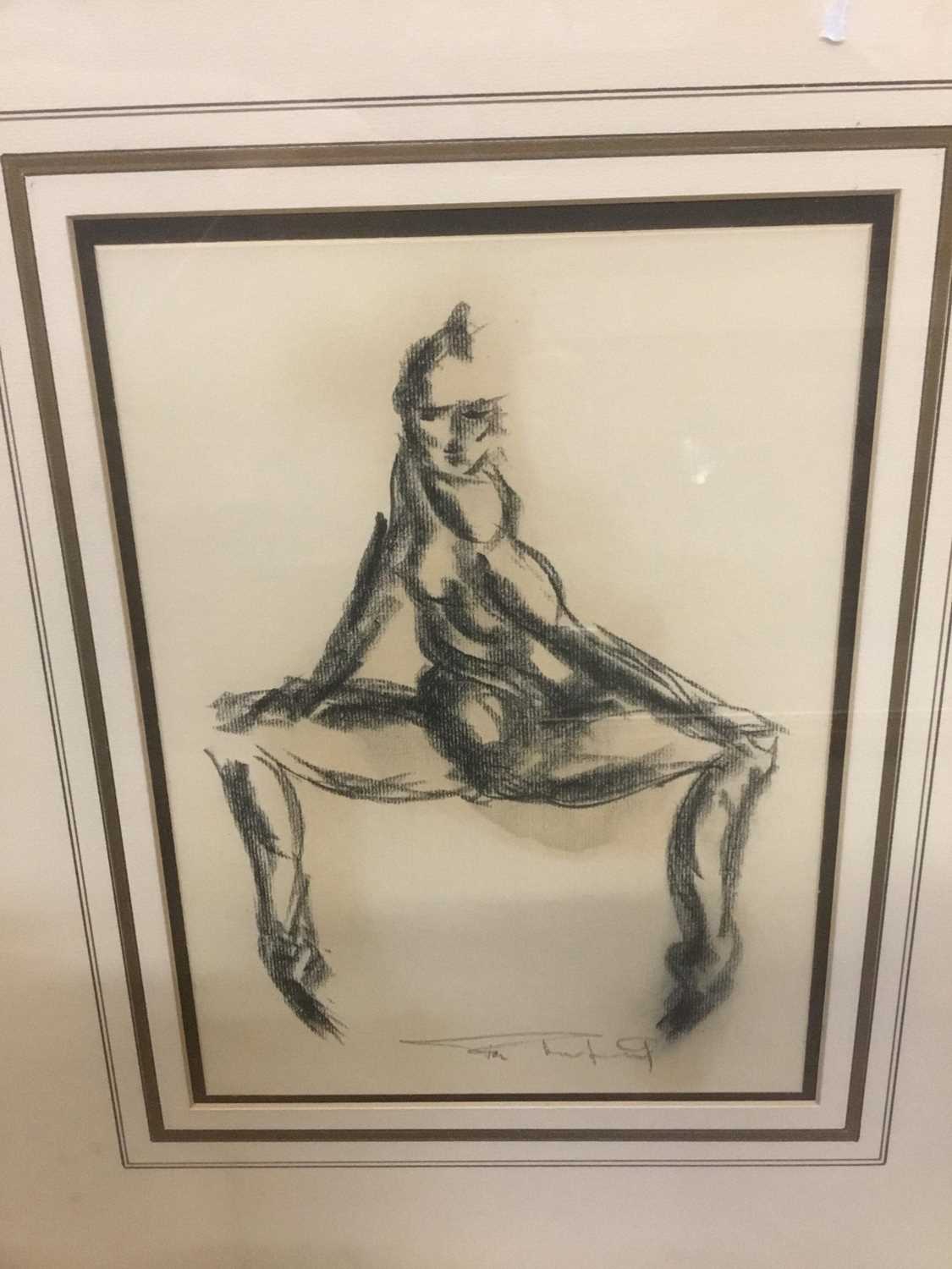 Lot 147 - Tom Merrifield (b. 1932) Contemporary charcoal study, figure, indistinctly signed, framed, together with a large print