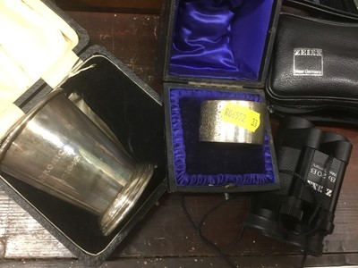 Lot 192 - Silver christening cup, napkin rings, vesta, Zeiss 8 x 20b pocket binoculars other items