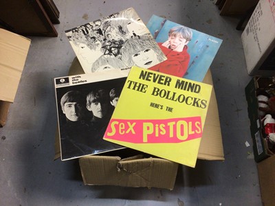 Lot 474 - Box of approx 90 LP records and 12 inch singles, including Beatles, Pink Floyd, Sex Pistols, etc