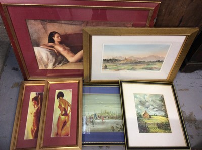 Lot 459 - Group pictures and prints including landscape scenes, three nude studies and pub adversing mirror