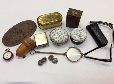 Lot 463 - Group various trinket pots, pair lorgnettes, vintage fold up spectacles, enamelled fob watch, pair coin cufflinks and small oval carved plaque