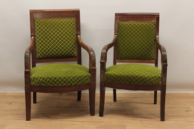 Lot 728 - Near pair of early 20th century French Empire style mahogany armchairs