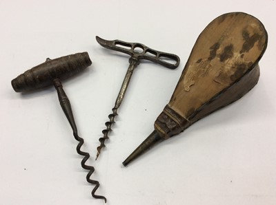 Lot 466 - Two antique corkscrews, together with a leather and brass mounted wig powder puff