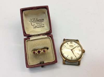 Lot 710 - 18ct gold ruby and diamond five stone dress ring and Roamer watch