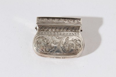 Lot 250 - Early Victorian silver Vinaigrette in the form of a purse with engraved decoration hinged cover with gilded interior and pierced grill, lacking handle, (Birmingham 1840)