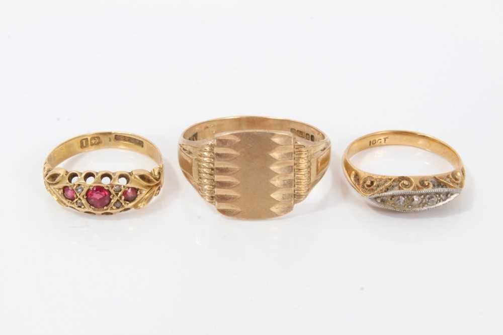 Lot 252 - 18ct yellow gold ruby and diamond ring together with another 18ct gold ring and a cignet ring.