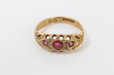 Lot 252 - 18ct yellow gold ruby and diamond ring together with another 18ct gold ring and a cignet ring.