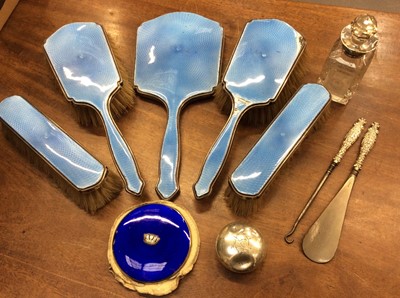 Lot 714 - Five piece silver and blue guilloche enamel dressing table set, other silver mounted items and a silver and navy blue enamel powder compact