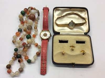 Lot 715 - 9ct gold ladies Tissot wristwatch, Orvis wristwatch, two 9ct gold studs and one other gold plated and a hard stone bead necklace