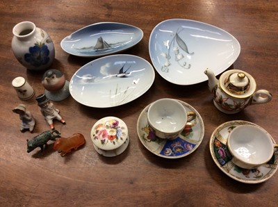 Lot 399 - Royal Copenhagen pin dishes, posy vase and bird ornament, two Dresden miniature cups and saucers, Crown Derby miniature teapot and other miniature items