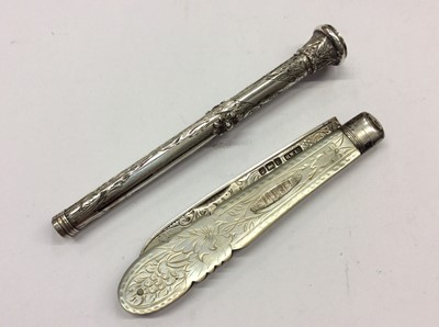 Lot 717 - Victorian white metal propelling pen/pencil with bloodstone seal together with a silver and mother of pearl fruit knife