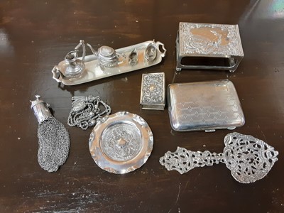 Lot 724 - Group of assorted silver items to include a cigarette case, misers purse, miniature tea set and match box cover