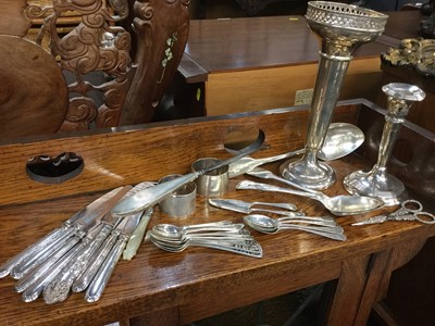 Lot 725 - Group of silver to include spill vase, candlestick, napkin rings and cutlery (qty)