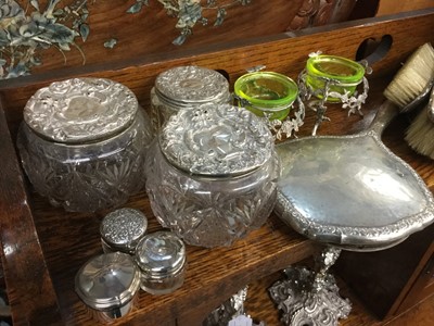 Lot 728 - Silver topped vanity jars together with silver backed hand mirror and other items