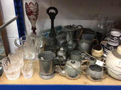 Lot 251 - Sundry items, including glassware, pewter, ceramics, flatware, etc (one shelf)