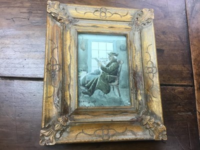 Lot 307 - Early 20th century watercolour, seared gent, indistinctly inscribed 'Making up his....', framed together with group of engravings