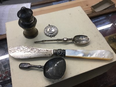 Lot 739 - Georgian silver caddy spoon together with a Victorian silver butter knife and other silver