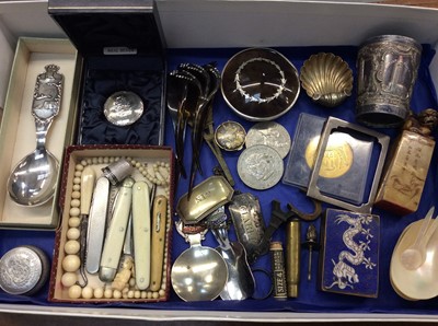 Lot 742 - Group penknives, silver trinket pot, caddy spoons, Japanese cloisonné matchbox cover, carved soapstone seal and other items