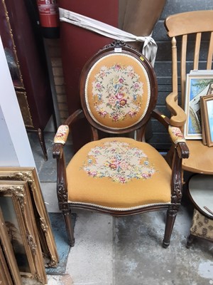 Lot 1051 - French style open elbow chair with floral tapestry seat and back