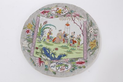 Lot 82 - Two Masons Ironstone plates, in Chinese famille rose style, and four other plates and a sauce tureen stand