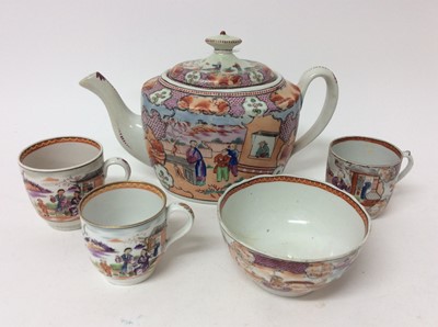 Lot 688 - A New Hall 'Boy at the Window' teapot and cover, three similar coffee cups and bowl