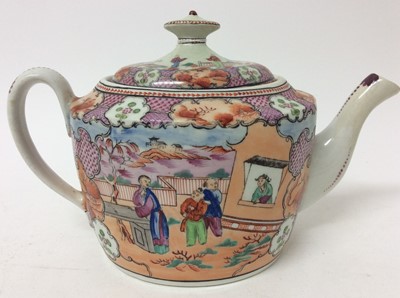 Lot 29 - A New Hall 'Boy at the Window' teapot and cover, and three similar coffee cups, a bowl and a tea bowl