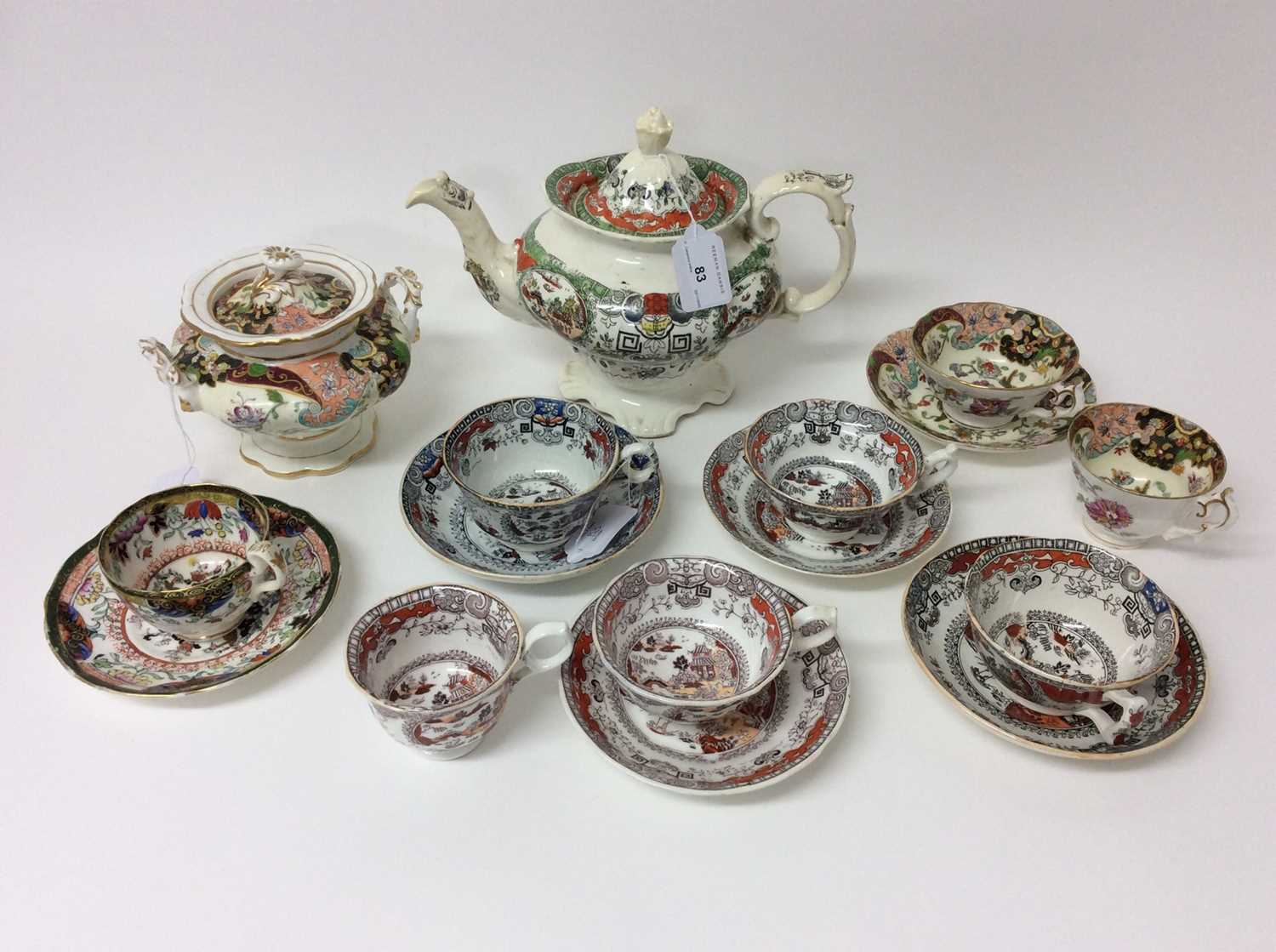 Lot 70 - A Staffordshire porcelain teapot and cover, in Chinese style, a similar sucrier and cover and other items
