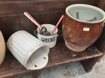 Lot 567 - Lot of kitchenalia including enamel flour bin, Doulton Lambeth bread pan, scales etc