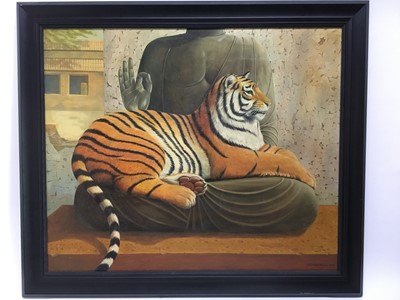 Lot 359 - Large deco oil, tiger and Buddha, a.canning, FRS, 1938