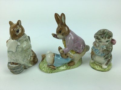 Lot 39 - Eleven Beswick Beatrix Potter figures - Tommy Brock, Tabitha Twitchet and Miss Moppet, Mrs Flopsy Bunny, Poorly Peter Rabbit, Mr Benjamin Bunny, Aunt Pettitoes, Chippy Hackee, Cecily Parsley, Mrs R...