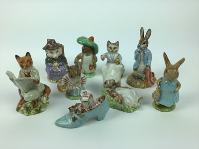 Lot 42 - Five Beswick Beatrix Potter figures - Benjamin Bunny, Tabitha Twitchett, The Old Woman who lived in a Shoe, Mrs Flopsy Bunny and Mts Tittlemouse plus four Royal Albert Beatrix Potter figures - Foxy...