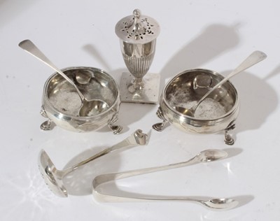 Lot 256 - Late 19th century Chinese Export silver pepperette by Lee Hing together with a pair of George III silver salts and a group of silver flatware, (various dates and makers), all at approximately 8oz.